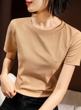 纯色短袖t恤女2025新款女装纯色圆领弹力棉体恤显瘦遮肚子上衣