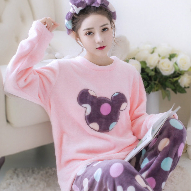 conjunto de pijamas de franela con dibujos animados para muj