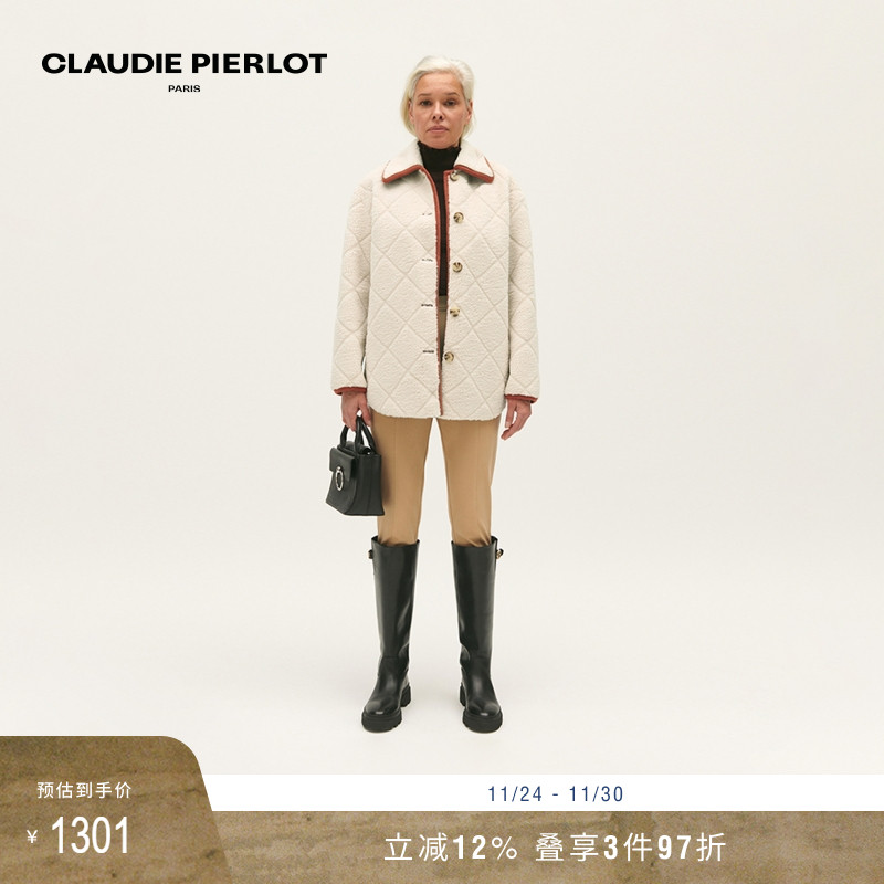 CP女装白色菱格仿毛绒外套