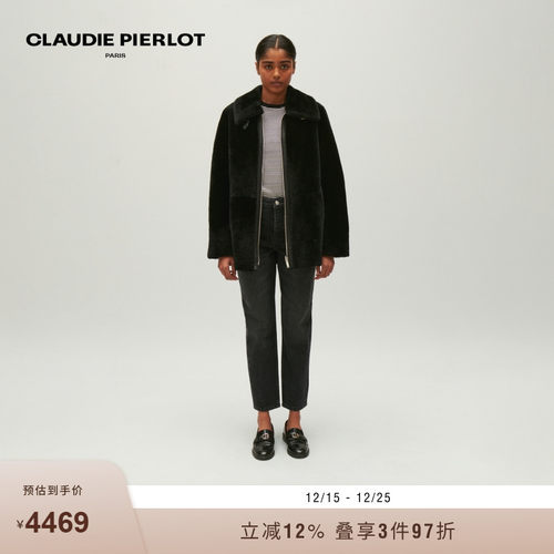 CP女装黑色翻领羊毛革外套