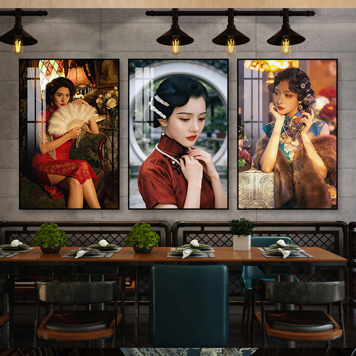 民国风旗袍美女装饰画老上海风情挂画复古风餐厅饭店火锅店墙壁画