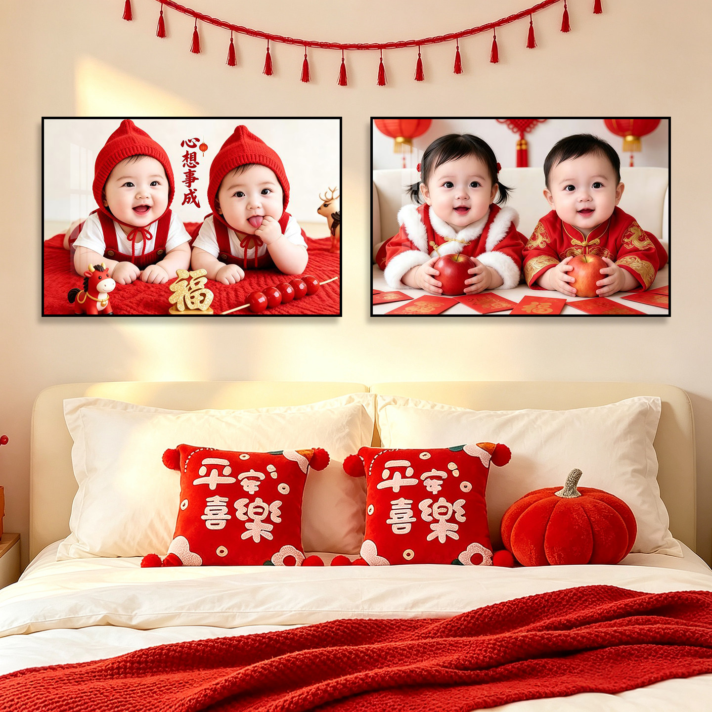 婚房卧室母婴画双胞胎宝宝装饰画新中式喜庆氛围备孕求子吉祥挂画