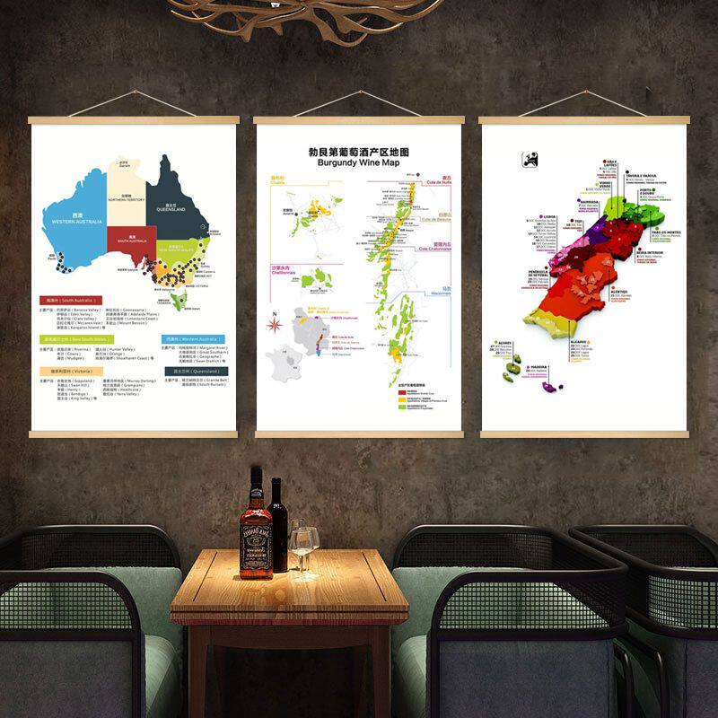 法国葡萄酒装饰画酒吧清吧挂布画酒窖会所澳洲红酒分布产地图壁画