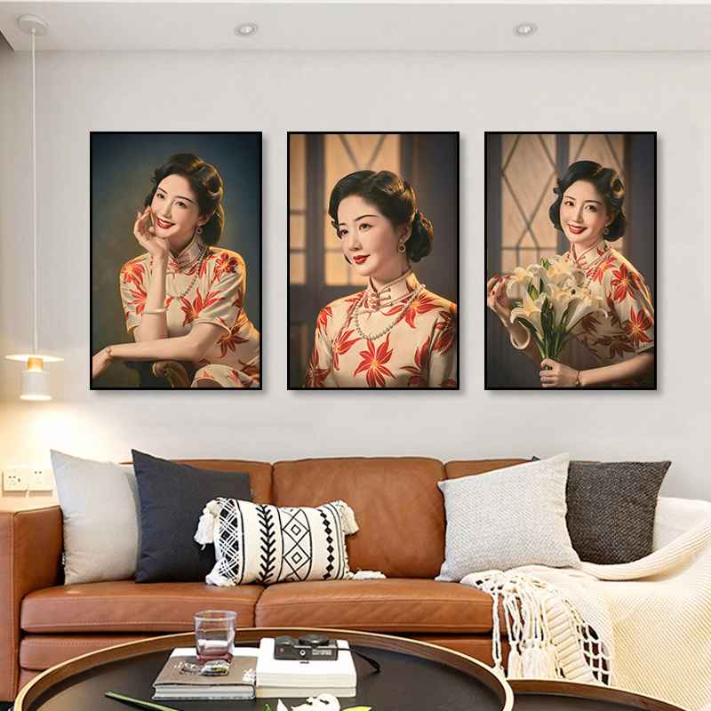 旗袍美女装饰画茶楼酒楼墙面壁画民国风怀旧餐厅饭店背景墙装饰画