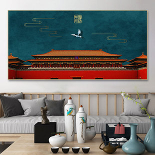 故宫城墙装饰画中国风餐厅客厅沙发墙面挂画花鸟喜庆红色风景壁画