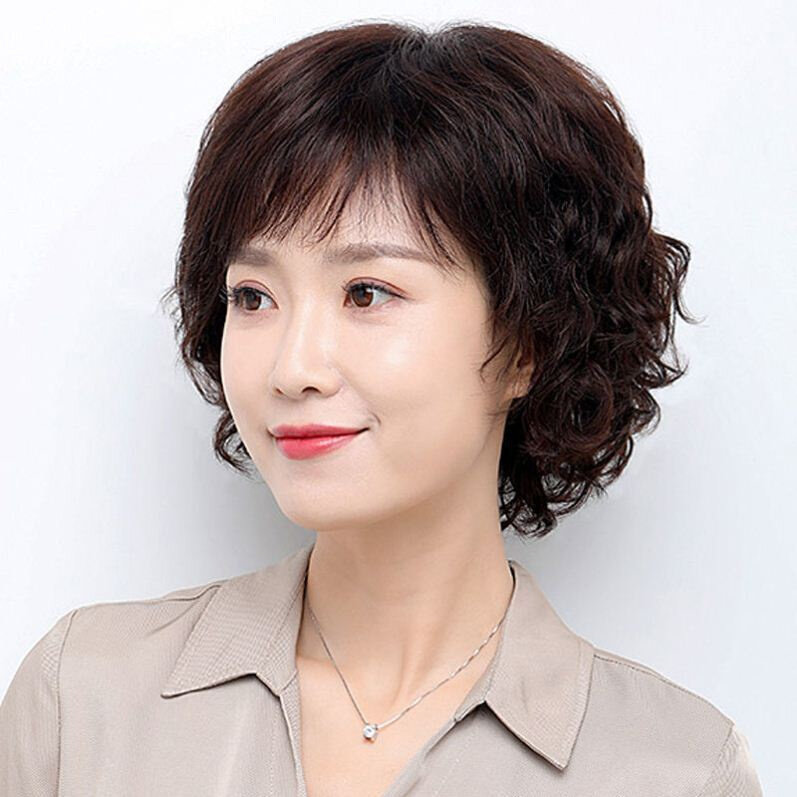短发假发女造型逼真妈妈短卷发斜刘海蓬松自然中年女士假发全头套