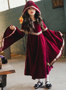 万圣节儿童服装复古宫廷童装女巫小红帽长袖中世纪文艺复兴连衣裙