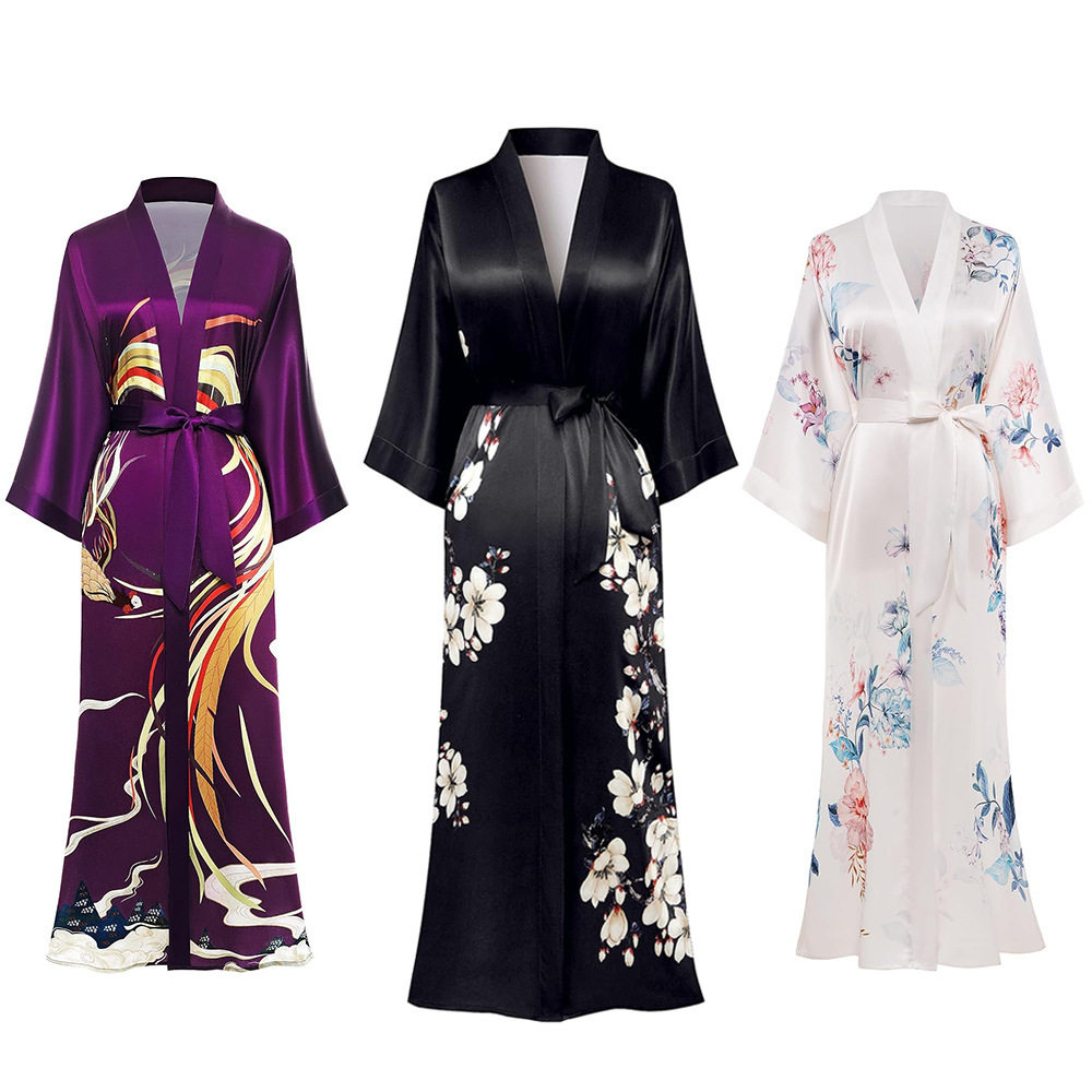 日系长款缎面和服长袍印花图案丝滑睡衣cospaly伴娘浴袍表演服