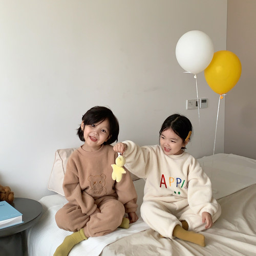 秋冬季儿童睡衣双面一体绒童装宝宝加绒加厚保暖男女童洋气套装