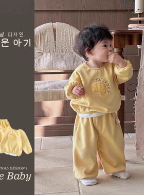 2025春季新款韩版洋气婴幼童牛角包休闲宝宝长袖卫衣卫裤分体套装