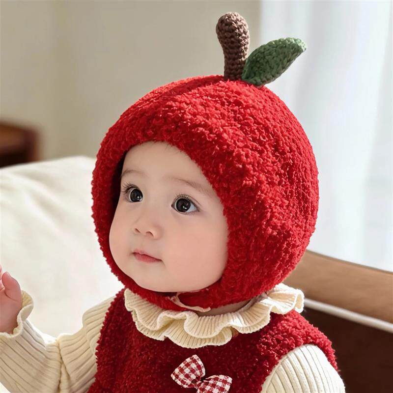 宝宝帽子婴儿苹果帽冬季红色新年喜庆可爱针织保暖针织套头护耳帽