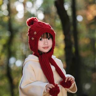 儿童针织帽女童帽子红色护耳帽冬季保暖宝宝毛球帽子围巾一体新年