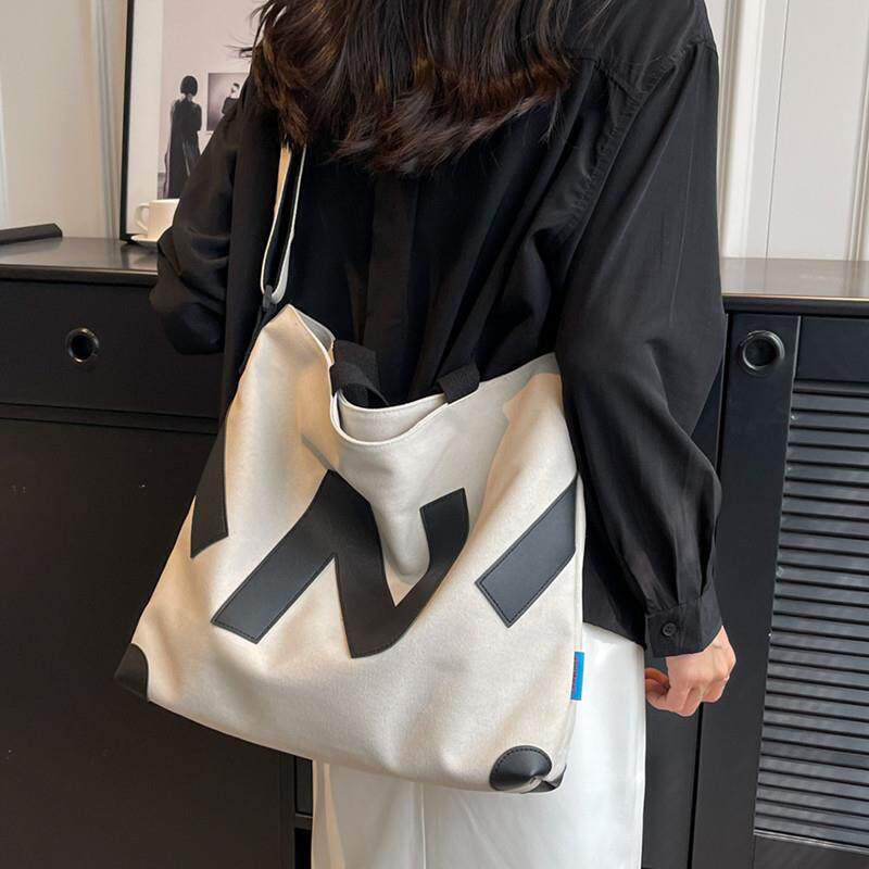 日系大容量字母帆布托特包百搭单肩斜挎包包女慵懒简约上班通勤包