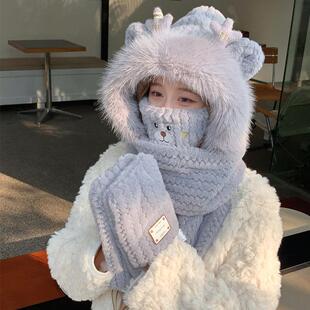 2025冬季新款女生可爱毛绒帽子手套围巾口罩一体冬天护耳防风围脖