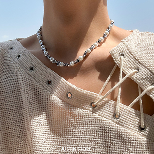 碎银拼接珍珠项链男款轻奢小众个性百搭锁骨链嘻哈美式高级感男链