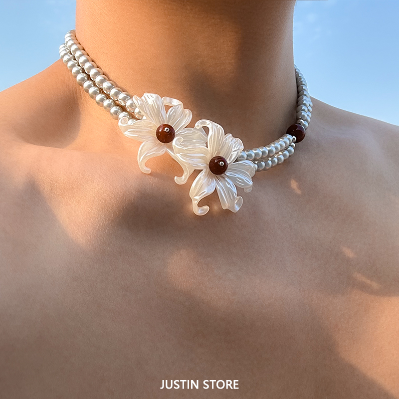 原创小众设计珠光鸢尾花朵项链