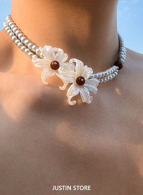 原创小众设计珠光鸢尾花朵项链