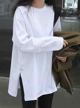 孕妇装纯白色打底衫秋装纯棉上衣中长款遮屁股宽松开叉长袖t恤女