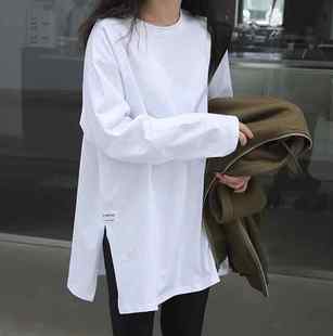孕妇装纯白色打底衫秋装纯棉上衣中长款遮屁股宽松开叉长袖t恤女