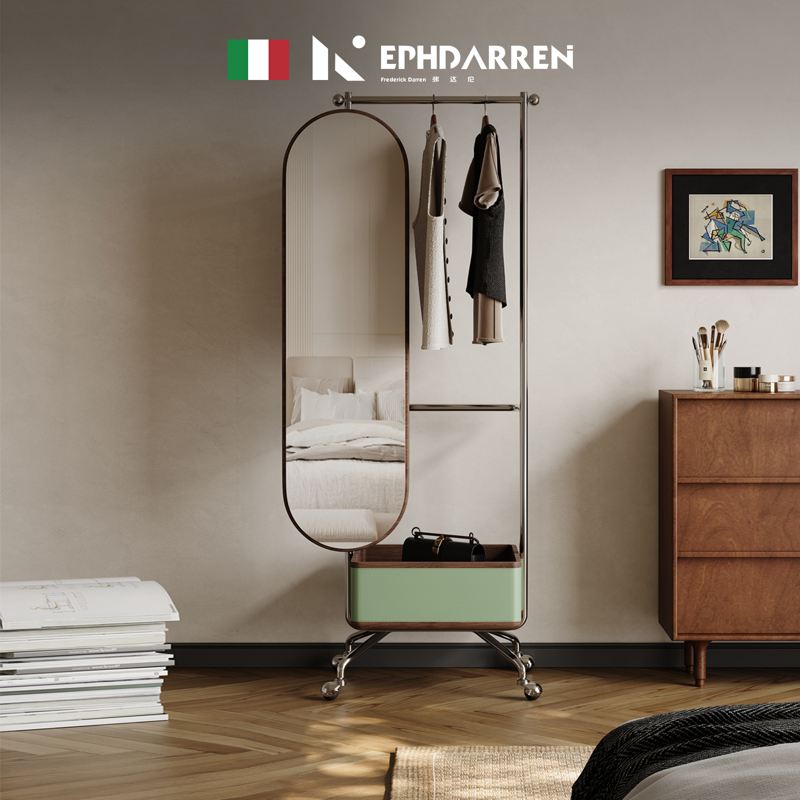 意式衣帽架穿衣镜全身镜一体马鞍皮不锈钢可移动带篓家用挂衣架