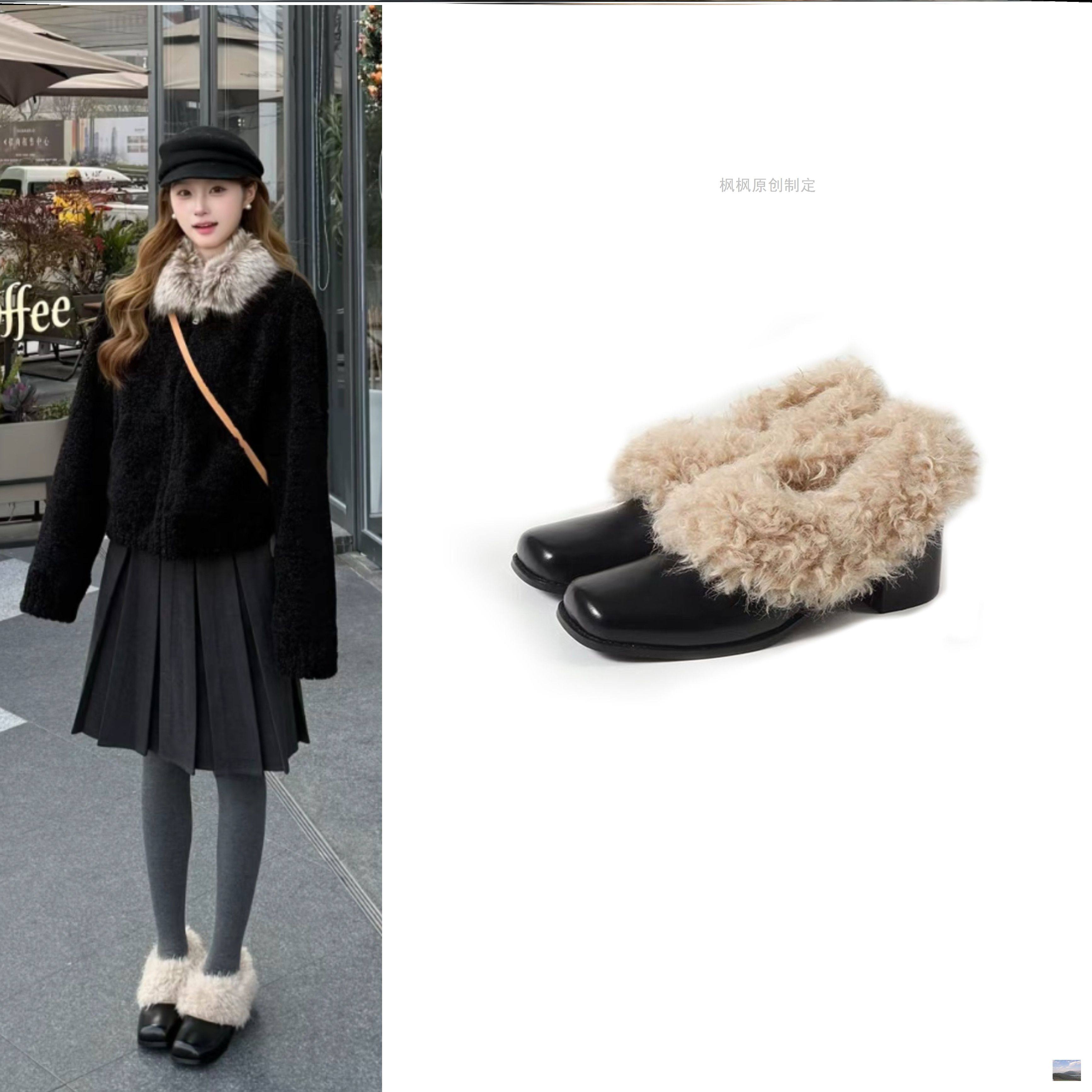 赵露思同款古方头真皮单鞋女加绒保暖棉鞋一脚蹬毛毛气质高跟女鞋,女鞋,玛丽珍鞋,淘宝优惠券,粉丝福利购,淘宝优惠卷