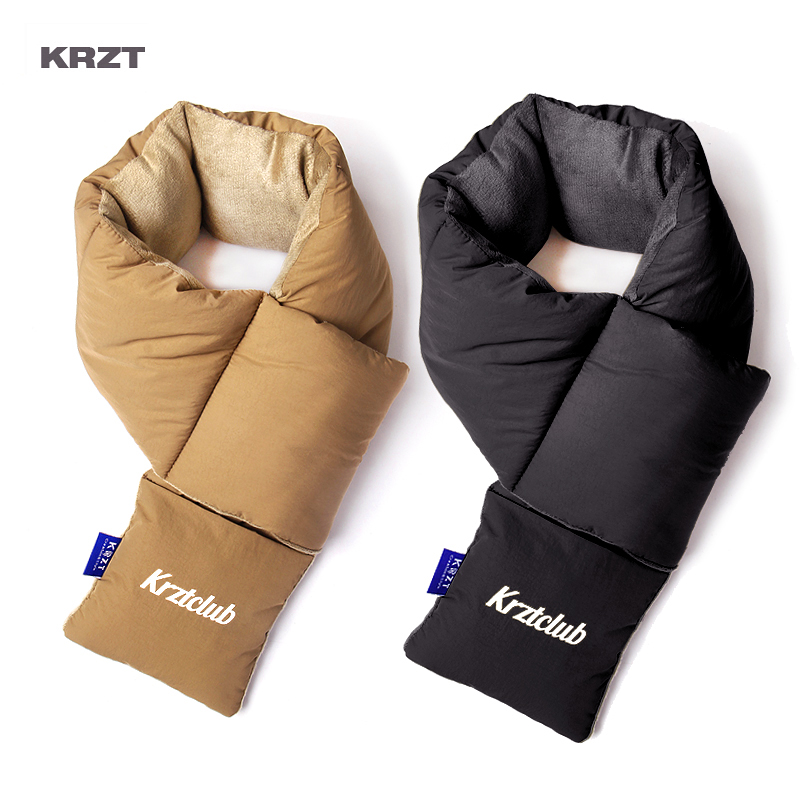 KRZT冬交叉羽绒棉护颈小围脖女日系印花保暖围巾时尚骑行脖套男