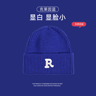 KRZT秋冬季字母R显白克莱因蓝帽男女通用针织毛线ins潮显脸小冷帽
