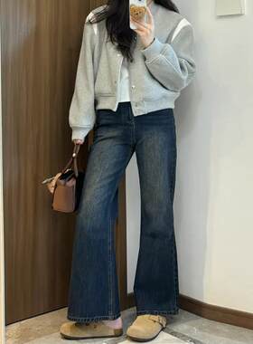 深蓝色牛仔裤大码弹力显瘦裤子女春秋款胖妹妹小个子不贴腿微喇裤
