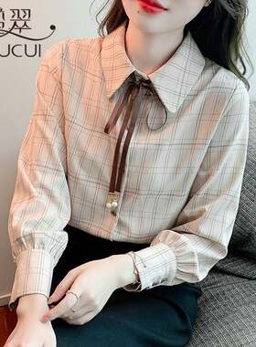 长袖格子衬衫女士秋冬上衣法式雪纺衫2024新款娃娃领时尚洋气小衫
