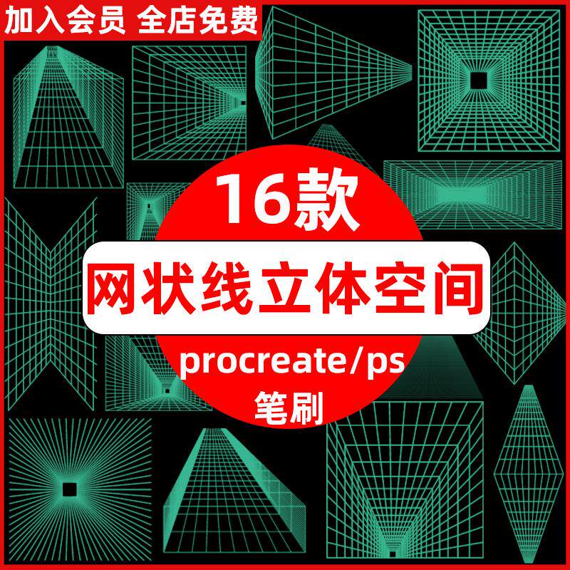 科技酷炫透视网格网状线立体空间辅助线三维绘画ps/procreate笔刷