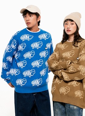 Ravenous满印小羊圆领套头毛衣男女同款针织衫