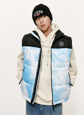 Ravenous蓝天白云拼接羽绒马甲男女同款宽松无袖羽绒服