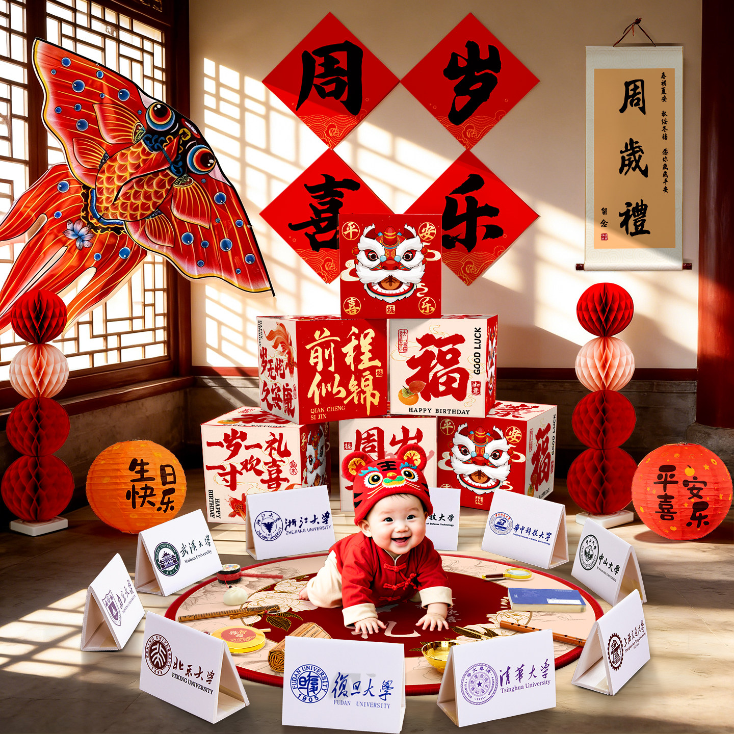 宝宝抓周氛围拍照仪式感道具男女孩周岁用品生日布置场景装饰背景,节庆用品/礼品,气球,淘宝优惠券,粉丝福利购,淘宝优惠卷