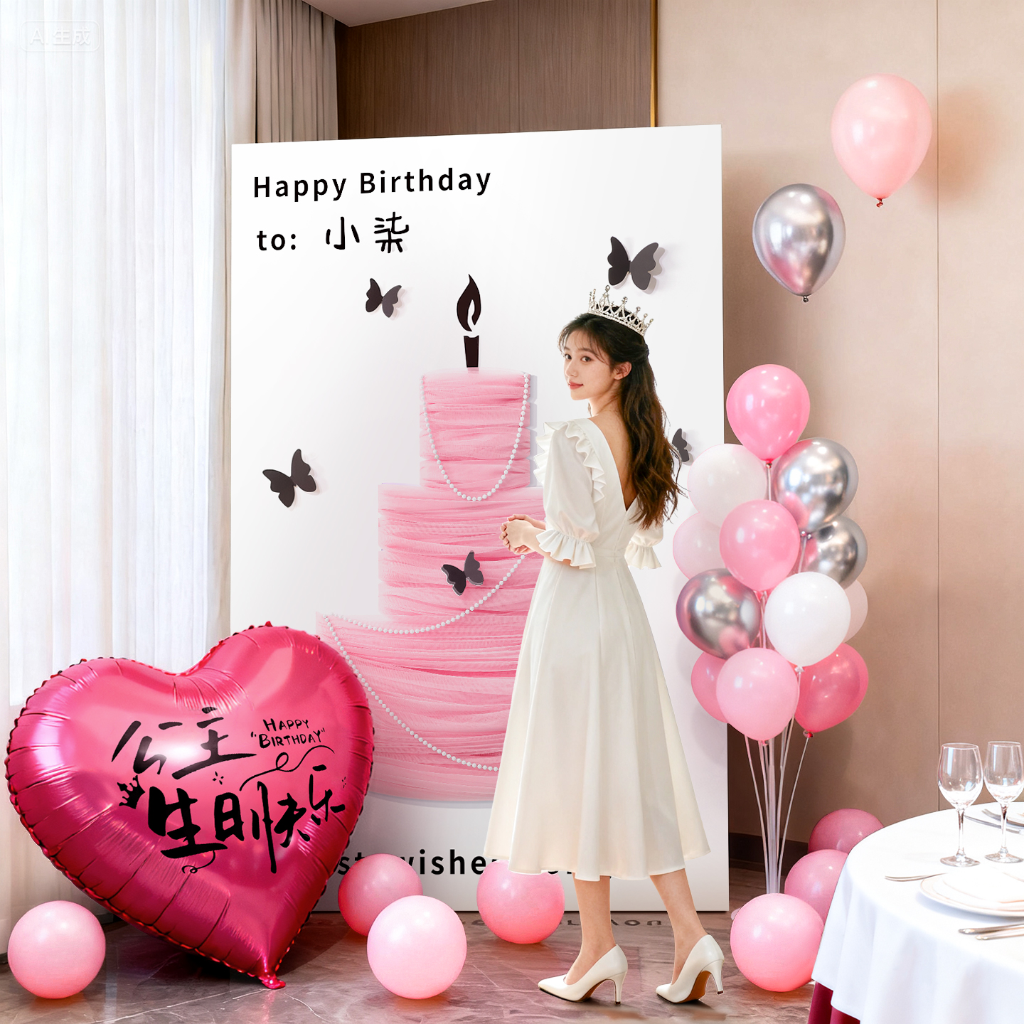 女孩生日场景布置装饰网纱蛋糕kt18岁成人礼氛围感拍照道具背景板