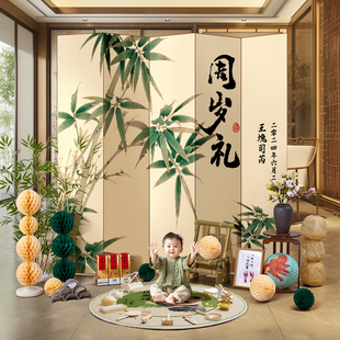 新中式宝宝一周岁生日布置装饰场景kt板背景墙男女孩抓周道具套装