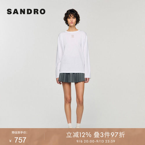SANDRO Outlets女装法式时尚白色镂空字母图案圆领长袖针织T恤衫