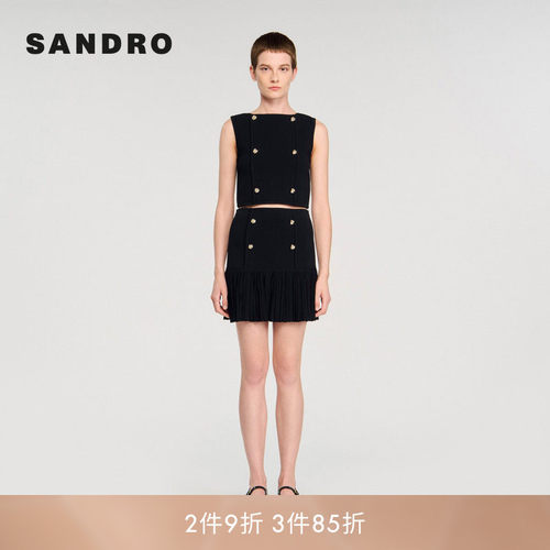 SANDRO Outlets女装法式时尚金色扣饰黑色圆领无袖修身针织衫