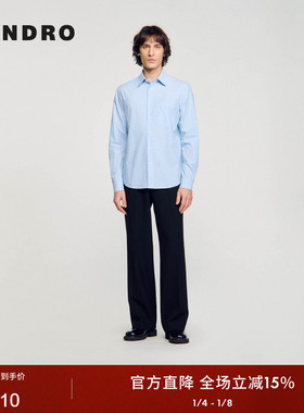 SANDRO Outlets秋冬男装法式休闲简约棉质蓝色短款条纹翻领衬衫
