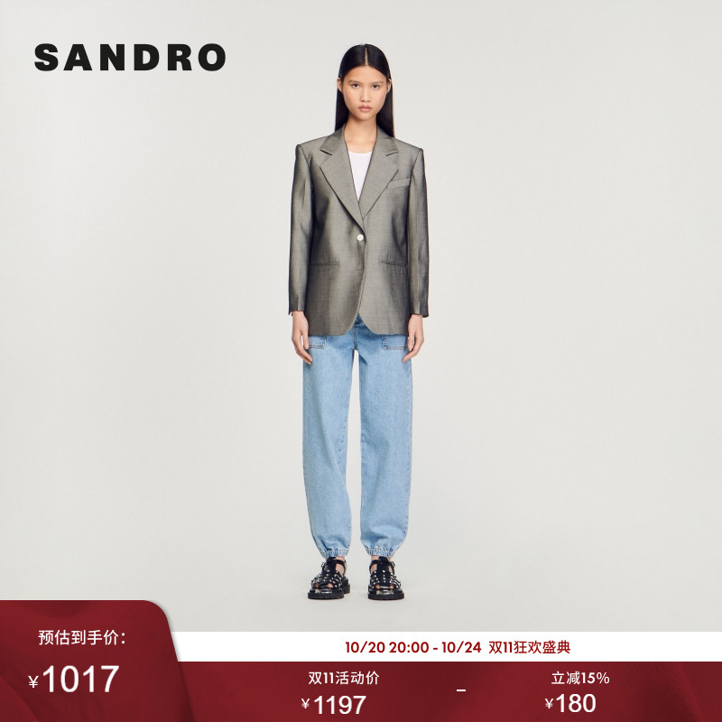 SANDRO Outlets秋冬女装时尚气质格雷系通勤驳领直筒西装外套上衣