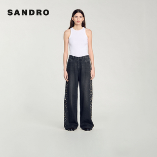 棉质黑色侧边仿钻阔腿牛仔长裤 SANDRO 时尚 法式 Outlets秋冬女装