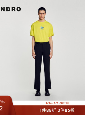 SANDRO Outlets秋冬男装法式舒适休闲棉质绿色立体刺绣针织T恤衫