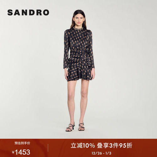 SANDRO Outlets秋冬女装法式优雅波点印花圆领仿钻收腰长袖连衣裙