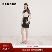 Outlets秋冬女装 法式 修身 SANDRO 黑白蕾丝拼接翻领系带短款 连衣裙