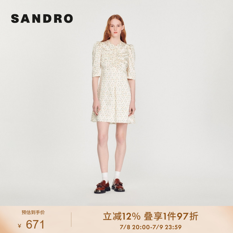SANDRO Outlets女装法式优雅印花褶皱五分袖短款连衣裙SFPRO02546
