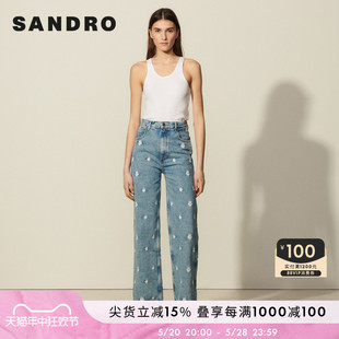 雏菊刺绣蓝色休闲阔腿裤 SANDRO 春季 牛仔裤 Outlet女装 SFPJE00341