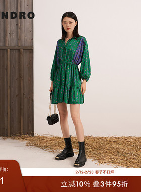 SANDRO Outlets秋冬女装法式复古时尚绿色印花图案可松紧腰连衣裙