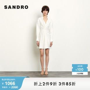 V领时尚 SANDROOutlet女装 通勤垂坠感收腰白色连衣裙SFPRO01105