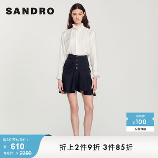 SANDRO Outlet女装春季百褶荷叶边高腰黑色半身短裙SFPJU00655