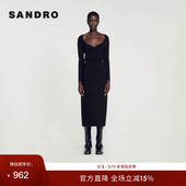 Outlets秋冬女装 法式 时尚 SANDRO 气质黑色V领露腰长款 针织连衣裙
