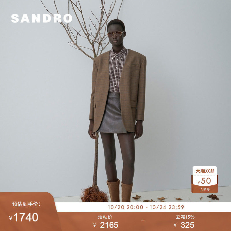 SANDRO Outlets 女装休闲复古V型领撞色细格纹无领长款西装外套